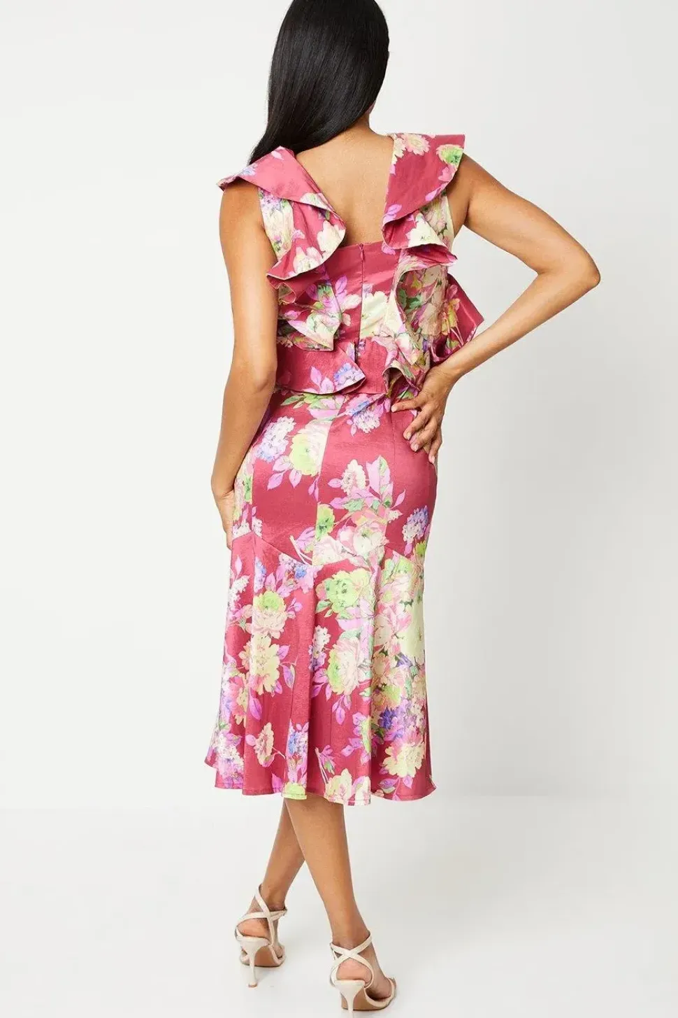 Printed Ruffle Sleeve Midi Wedding Guest Dress