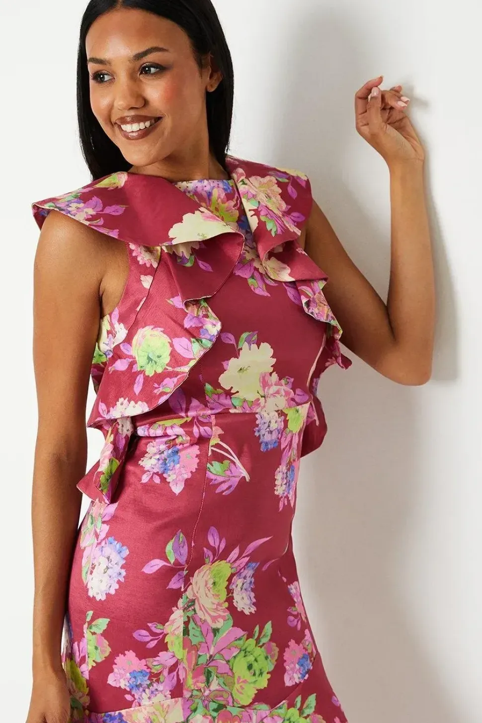 Printed Ruffle Sleeve Midi Wedding Guest Dress