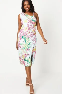 Printed Satin Asymmetric Pleated Dress