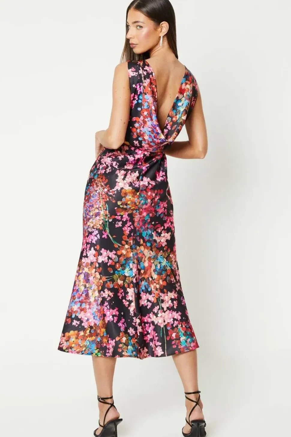 Printed Satin Cowl Back Midi Dress