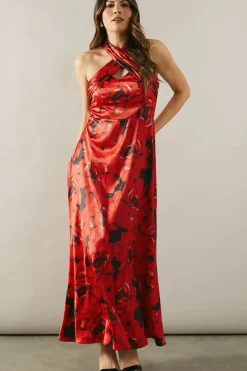 Printed Satin Halterneck Maxi Dress