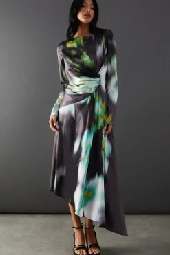 Printed Satin Knot Front Asymmetric Hem Midi Dress
