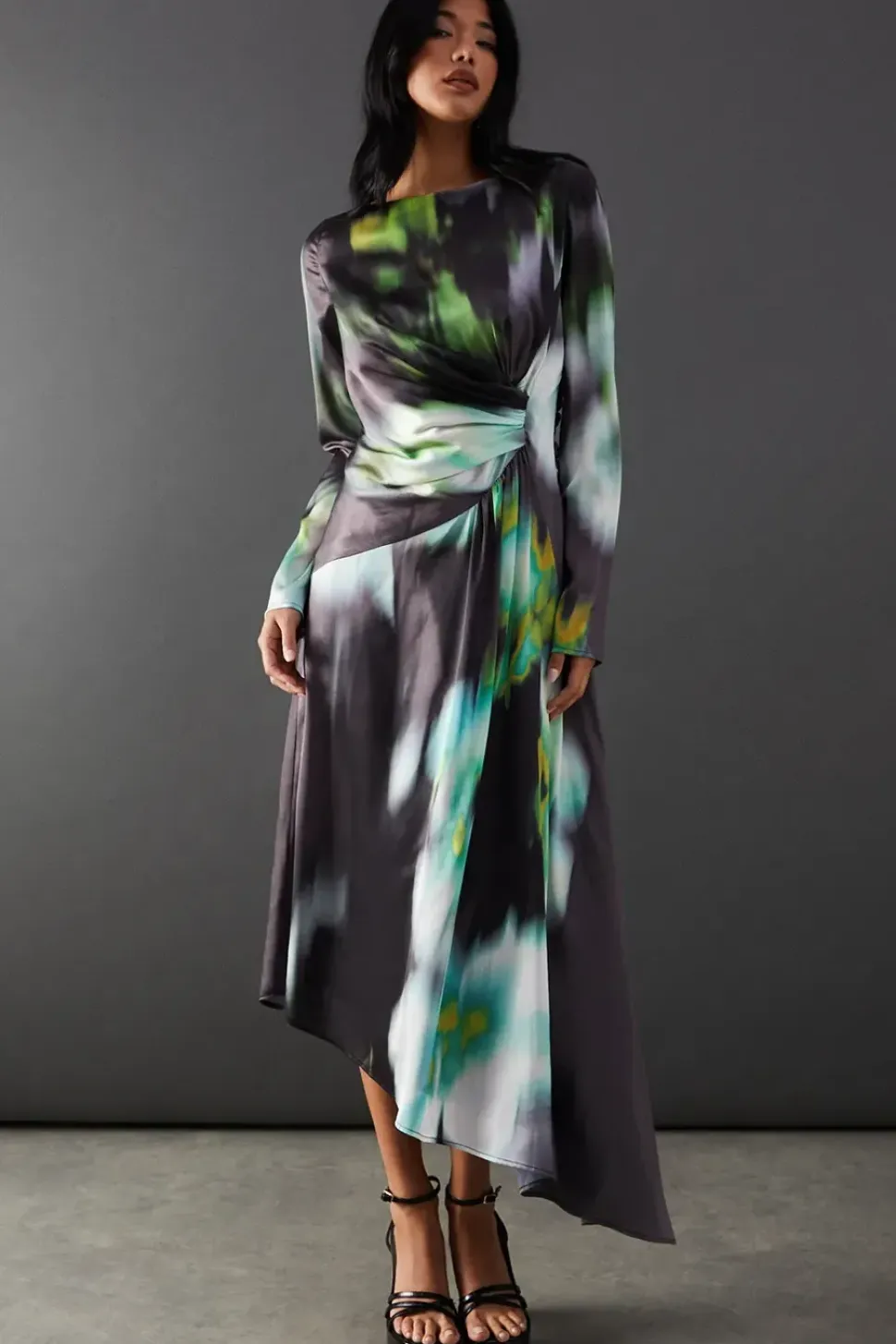 Printed Satin Knot Front Asymmetric Hem Midi Dress
