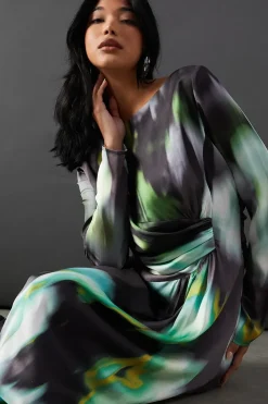 Printed Satin Knot Front Asymmetric Hem Midi Dress