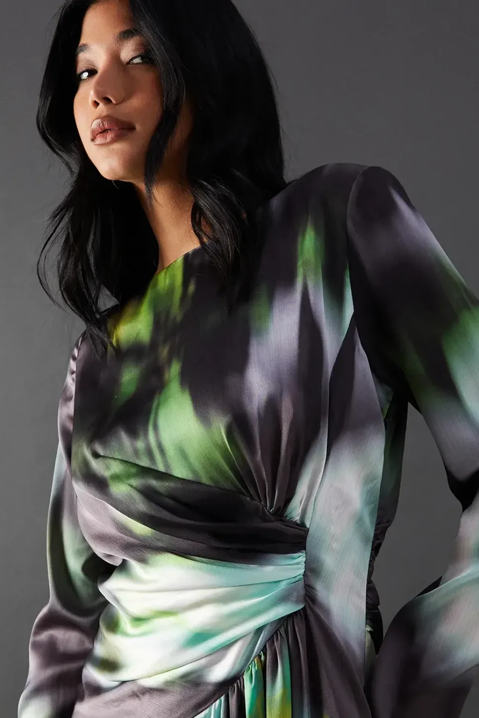 Printed Satin Knot Front Asymmetric Hem Midi Dress