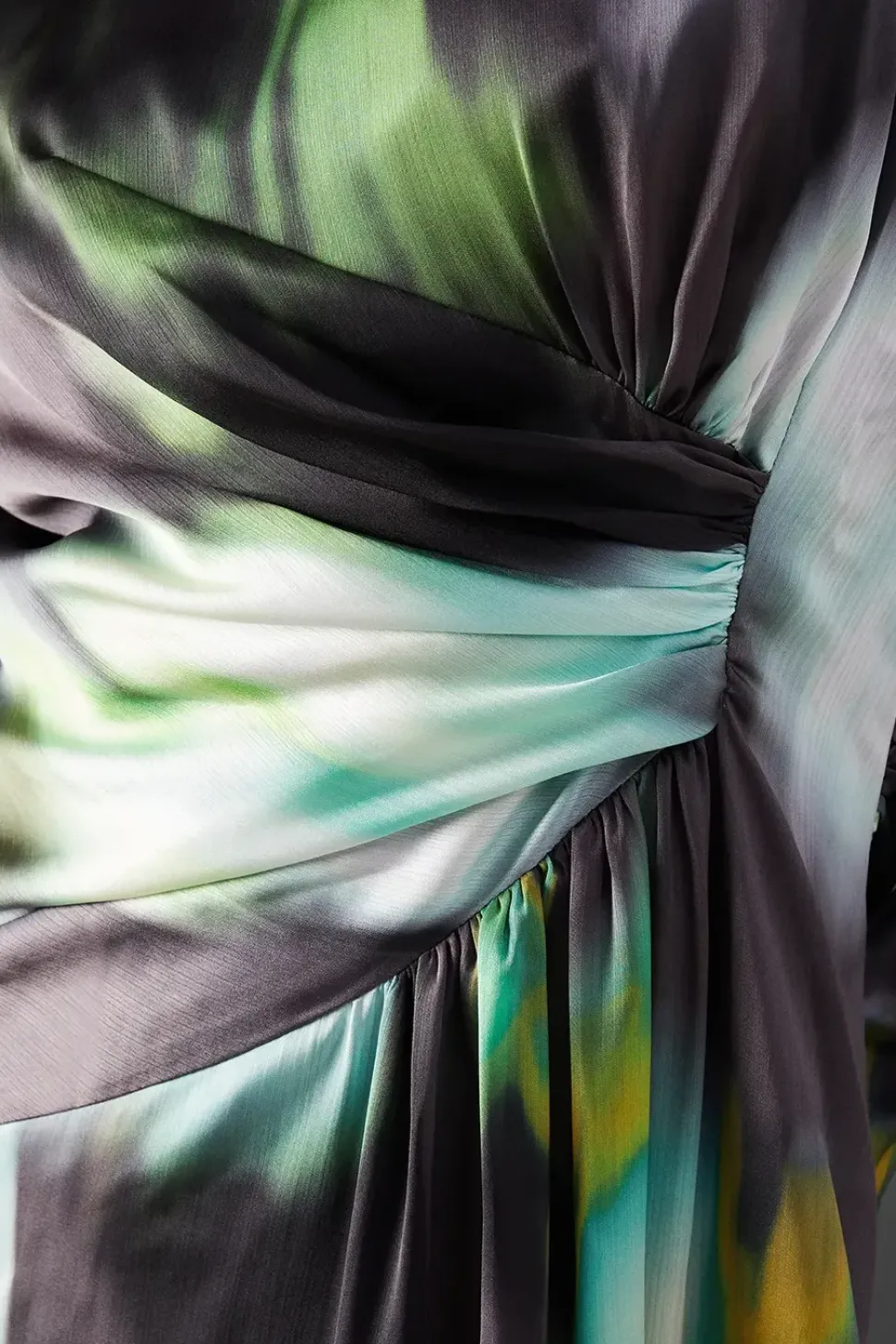 Printed Satin Knot Front Asymmetric Hem Midi Dress