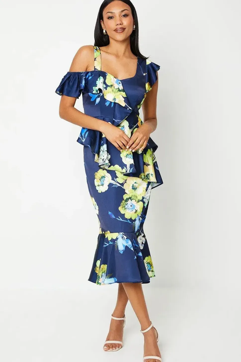 Printed Satin Ruffle Pencil Dress With Flute Hem