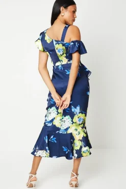 Printed Satin Ruffle Pencil Dress With Flute Hem
