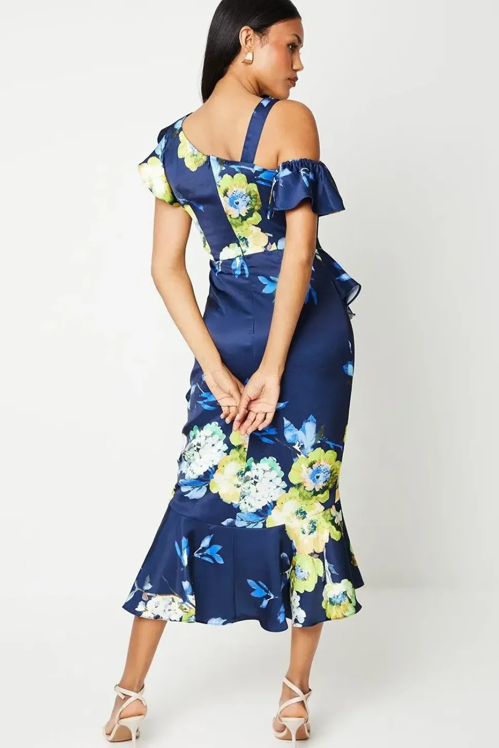 Printed Satin Ruffle Pencil Dress With Flute Hem