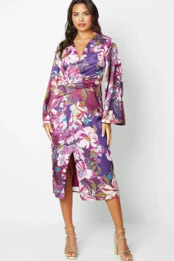 Printed Satin Wrap Dress With Flare Sleeve