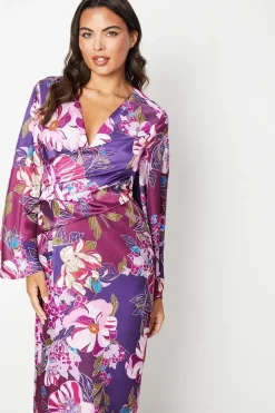 Printed Satin Wrap Dress With Flare Sleeve