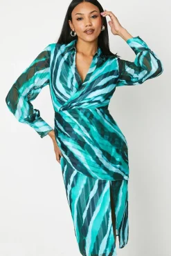 Printed Satin Wrap Front Shirt Dress