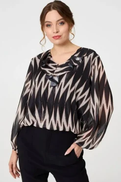 Printed Semi Sheer Ruffled V-Neck Blouse