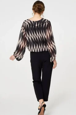 Printed Semi Sheer Ruffled V-Neck Blouse