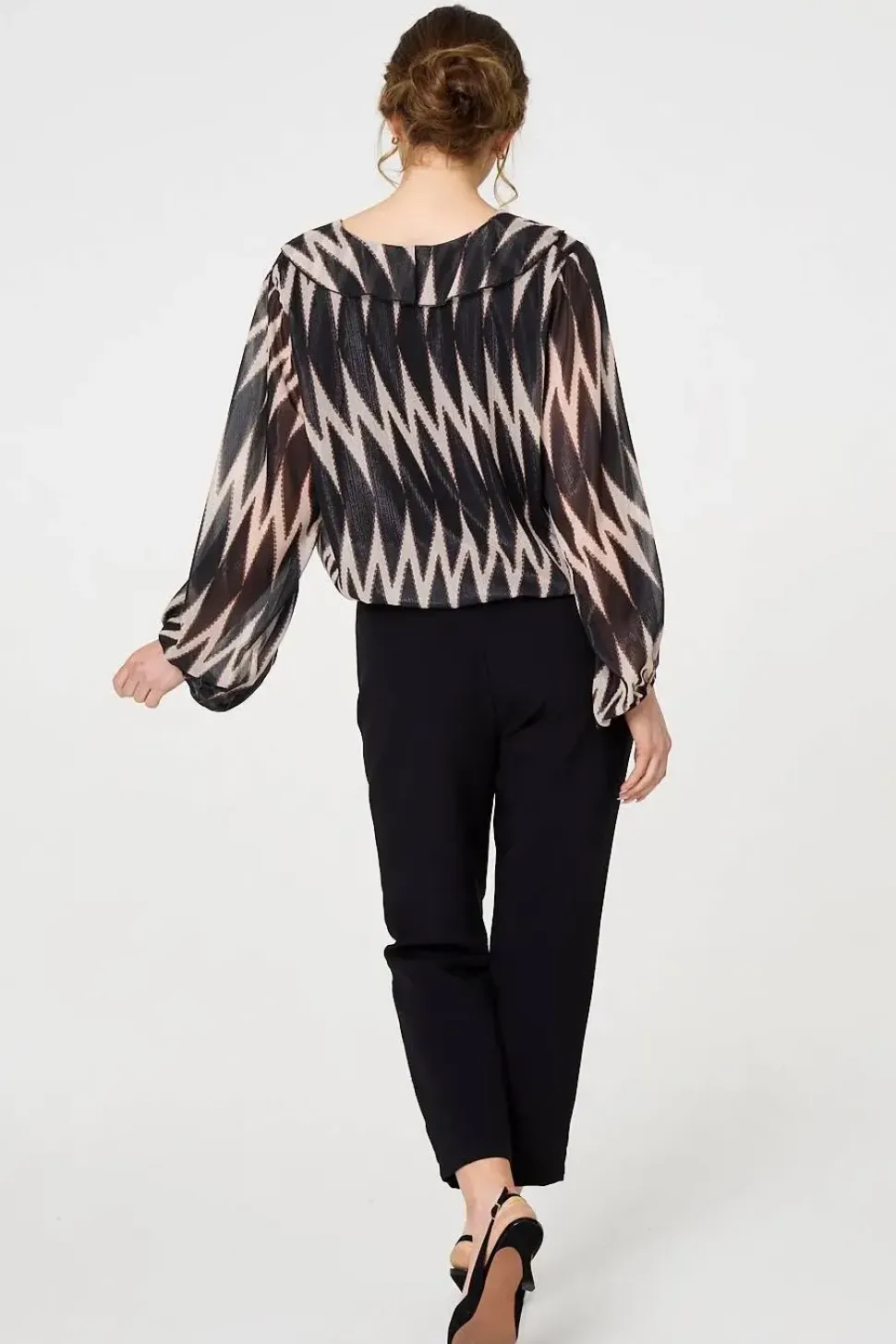 Printed Semi Sheer Ruffled V-Neck Blouse
