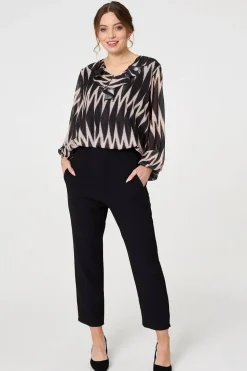Printed Semi Sheer Ruffled V-Neck Blouse