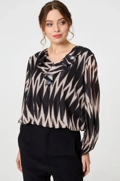 Printed Semi Sheer Ruffled V-Neck Blouse