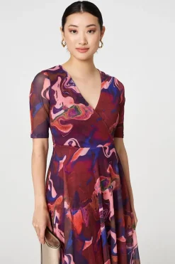Printed Semi Sheer 1/2 Sleeve Midi Dress