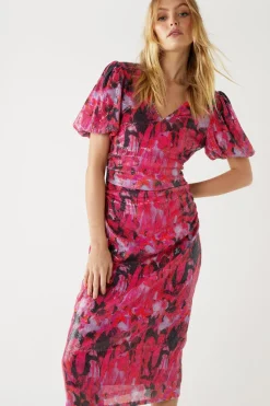 Printed Sequin Puff Sleeve Ruched Midi Dress