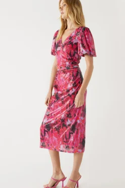 Printed Sequin Puff Sleeve Ruched Midi Dress