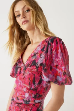 Printed Sequin Puff Sleeve Ruched Midi Dress