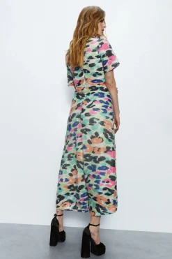 Printed Sequin Ruched Side Midi Dress