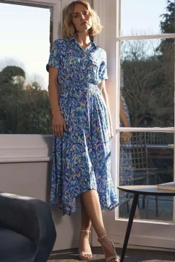 Printed Shirred Midi Shirt Dress