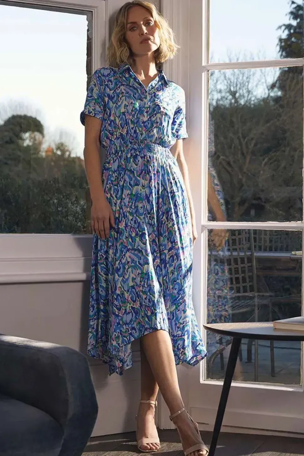 Printed Shirred Midi Shirt Dress