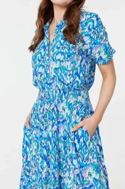 Printed Shirred Midi Shirt Dress