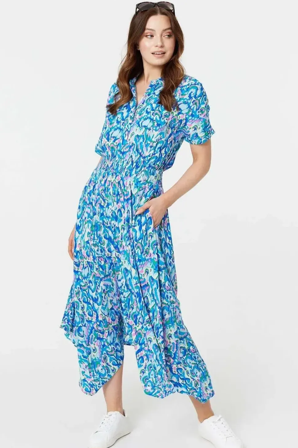 Printed Shirred Midi Shirt Dress
