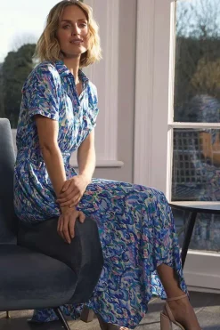Printed Shirred Midi Shirt Dress