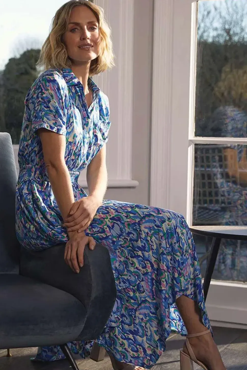 Printed Shirred Midi Shirt Dress