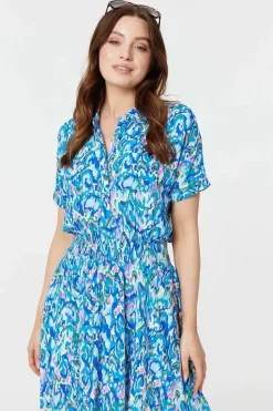Printed Shirred Midi Shirt Dress