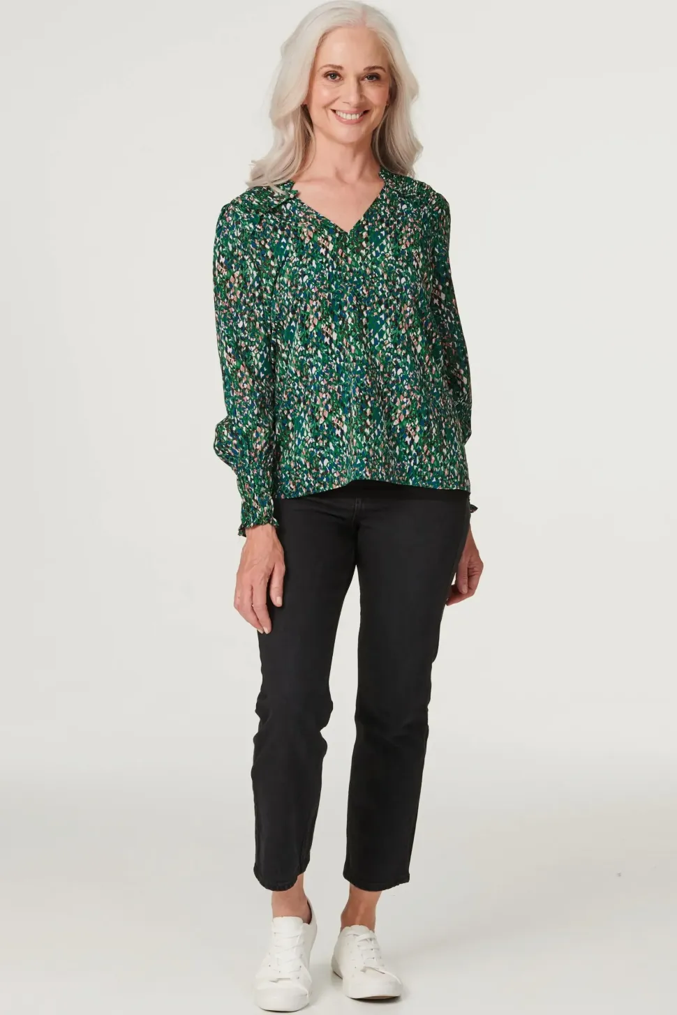 Printed Shirred Shoulder Blouse