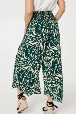 Printed Shirred Waist Wide Leg Trousers