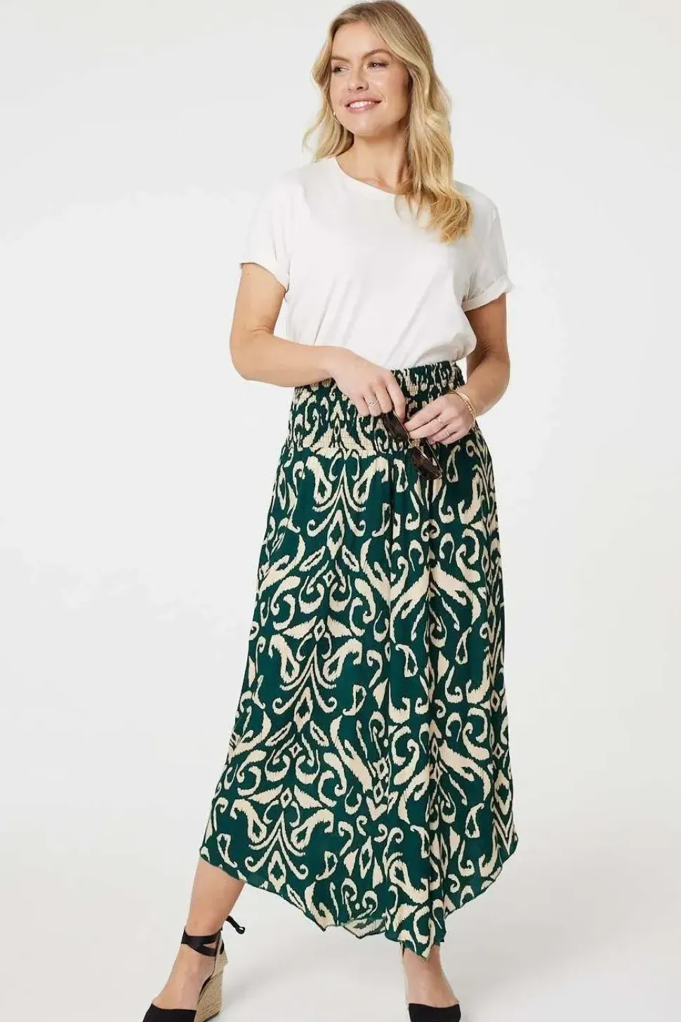 Printed Shirred Waist Wide Leg Trousers