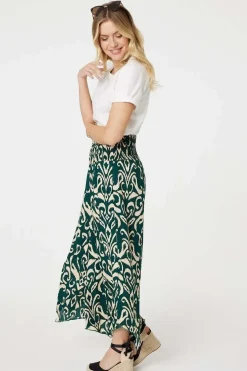 Printed Shirred Waist Wide Leg Trousers