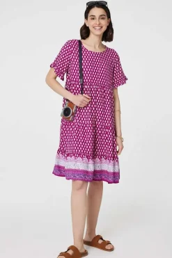 Printed Short Sleeve Tiered Smock Dress