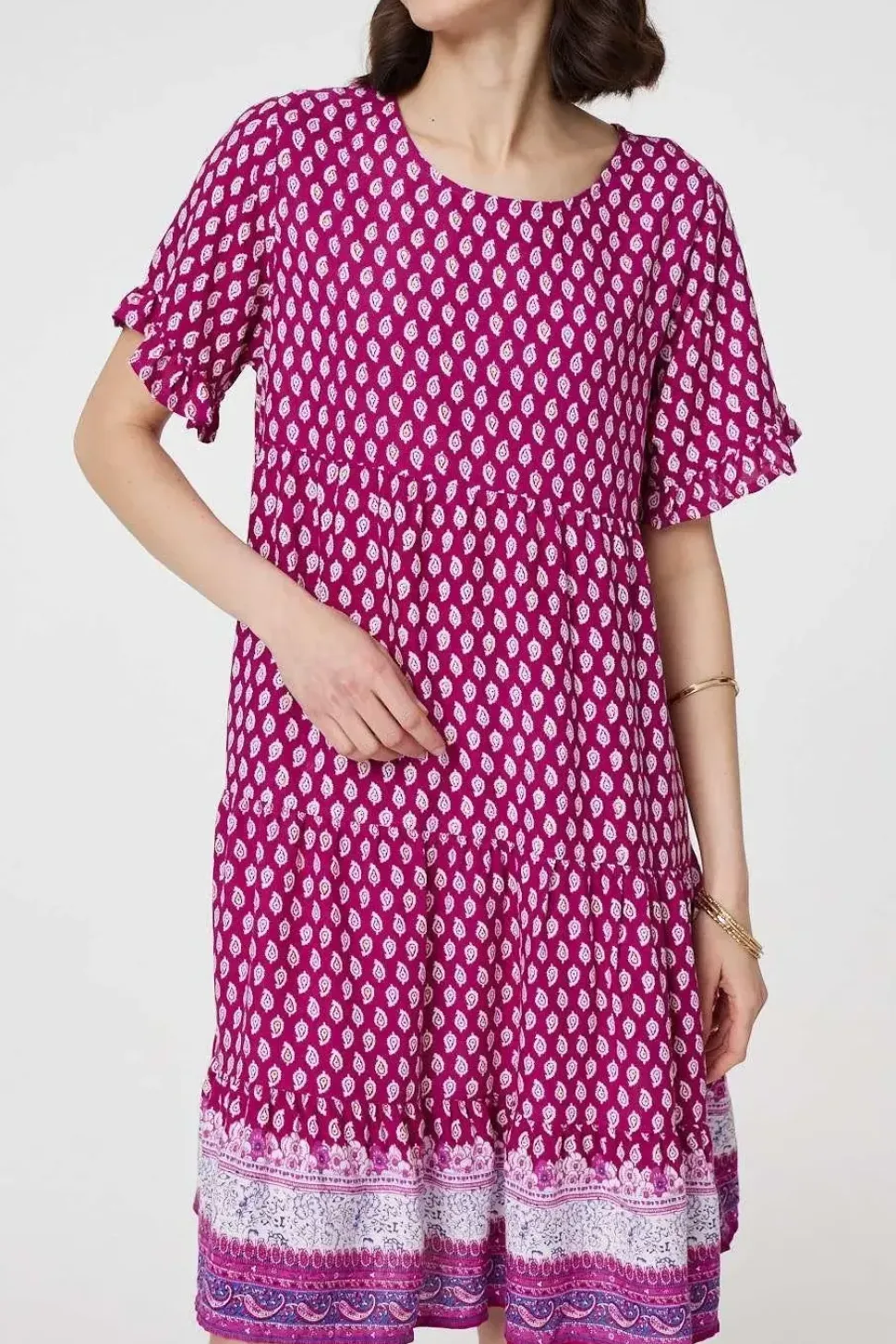 Printed Short Sleeve Tiered Smock Dress
