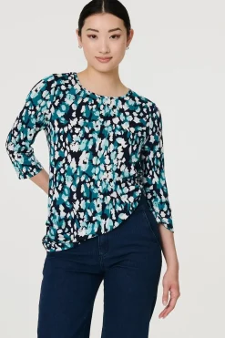 Printed 3/4 Sleeve Boat Neck Top