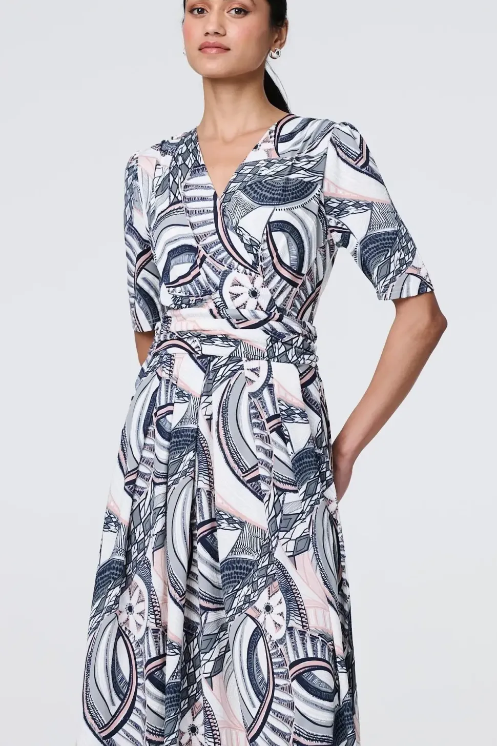 Printed 1/2 Sleeve Knee Length Wrap Dress