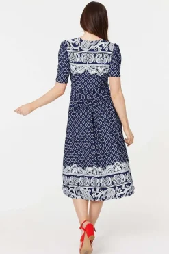 Printed 1/2 Sleeve Midi Dress