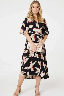 Printed 1/2 Sleeve Midi Wrap Dress