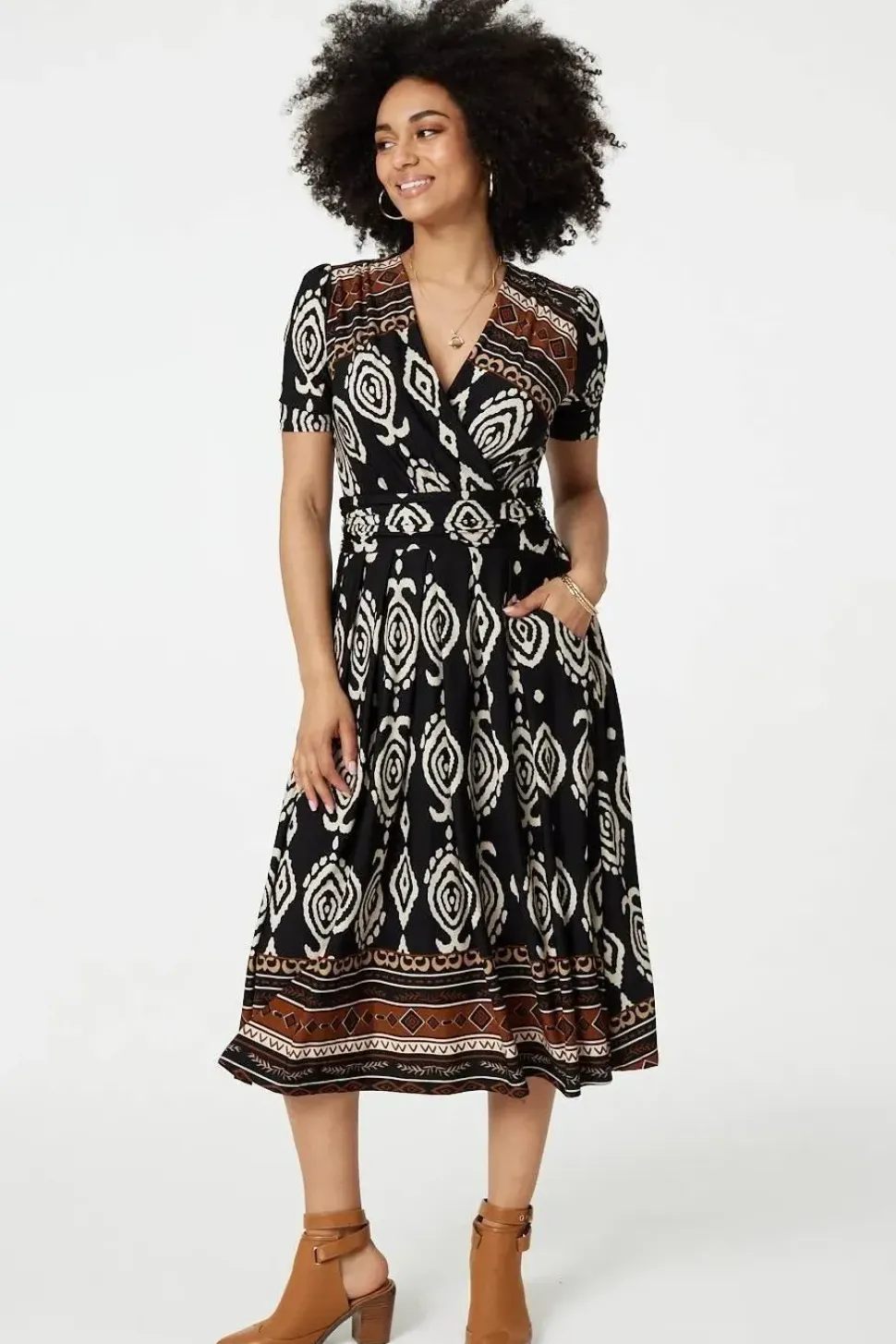 Printed 1/2 Sleeve Pleated Wrap Dress