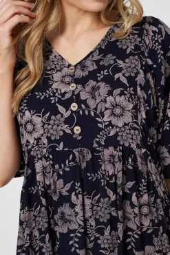 Printed 3/4 Sleeve Shirred Midi Dress