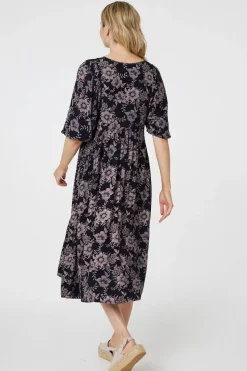 Printed 3/4 Sleeve Shirred Midi Dress