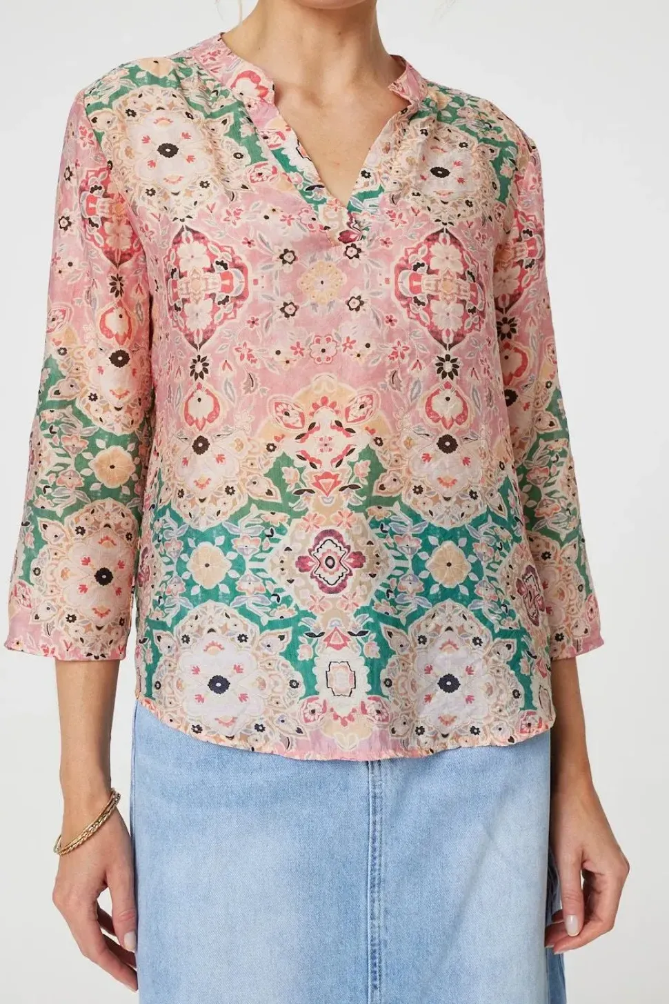 Printed 3/4 Sleeve V-Neck Relaxed Blouse