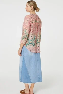 Printed 3/4 Sleeve V-Neck Relaxed Blouse