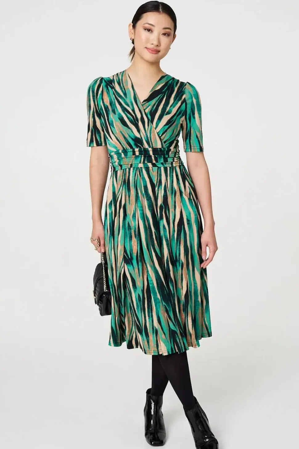 Printed 1/2 Sleeve Wrap Waist Midi Dress