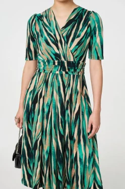 Printed 1/2 Sleeve Wrap Waist Midi Dress